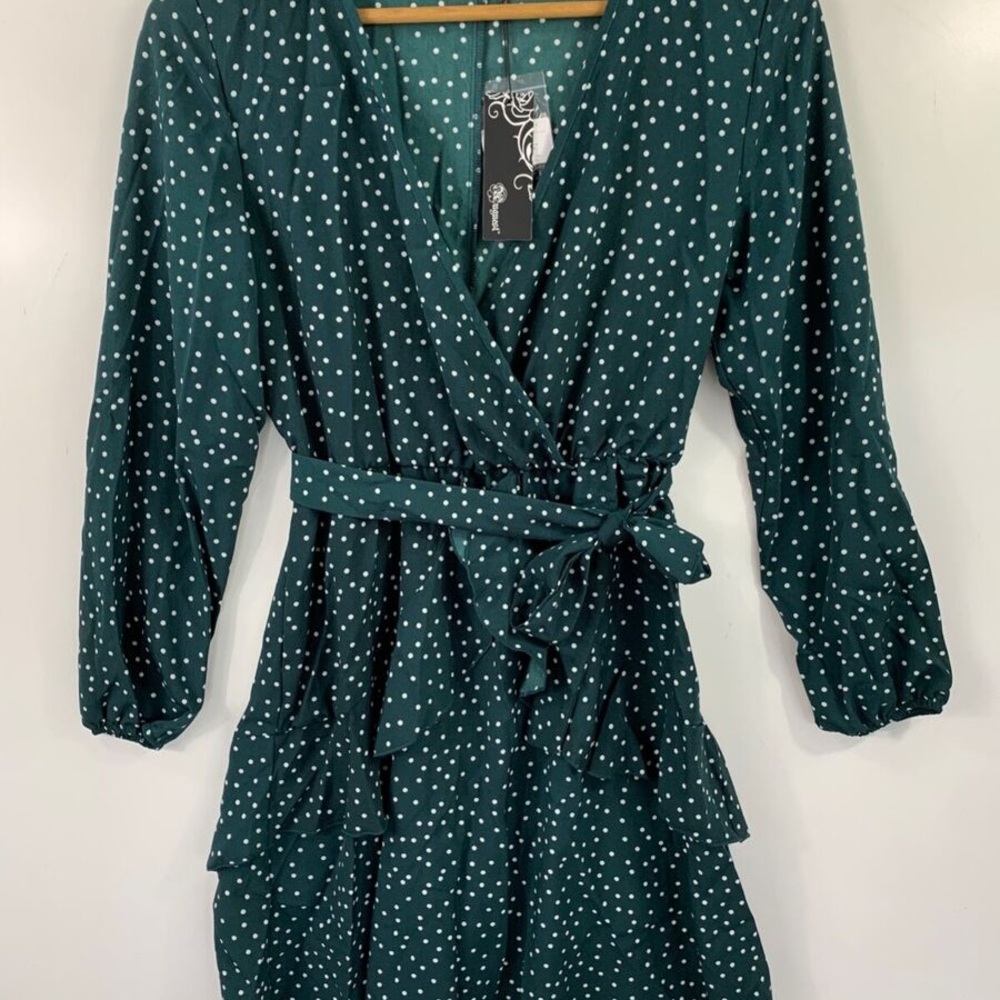 Elegant Green Polka Dot Wrap Dress
